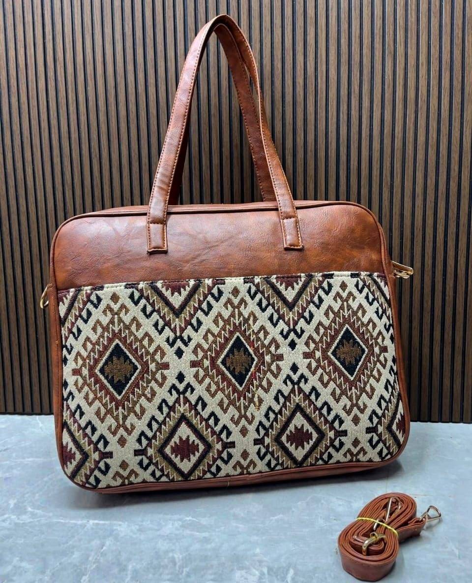 Beige & Brown Jacquard Luxe Laptop Bag with Brown Leatherite